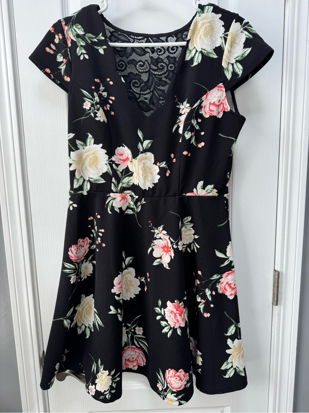 Three Pink Hearts Black Floral Mini Dress with Lace Back
